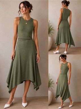 💚ANTHROPOLOGIE kings lover Ribbed Sleeveless Handkerchief Midi Dress olivegreen